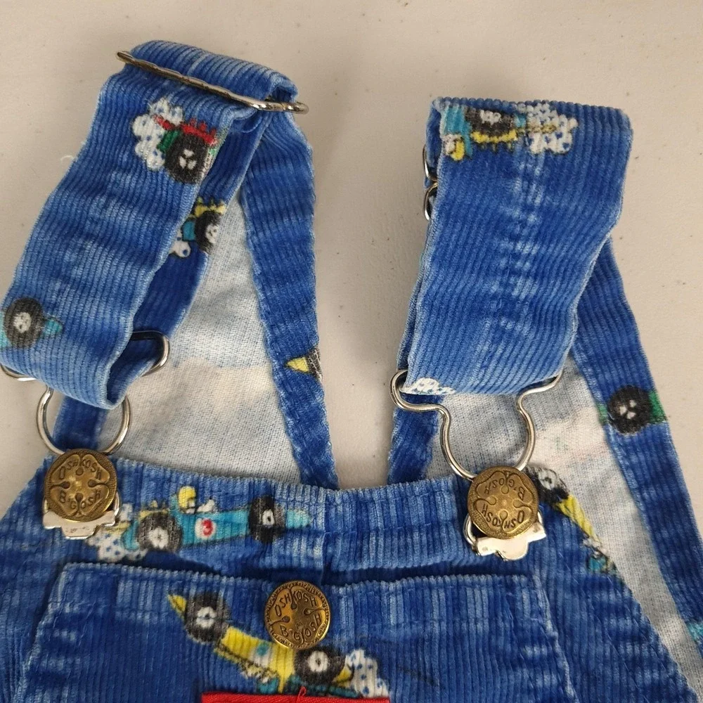 Vintage OshKosh B'gosh Overalls Boys 3T Blue Corduroy Race Car Print Vestbak USA